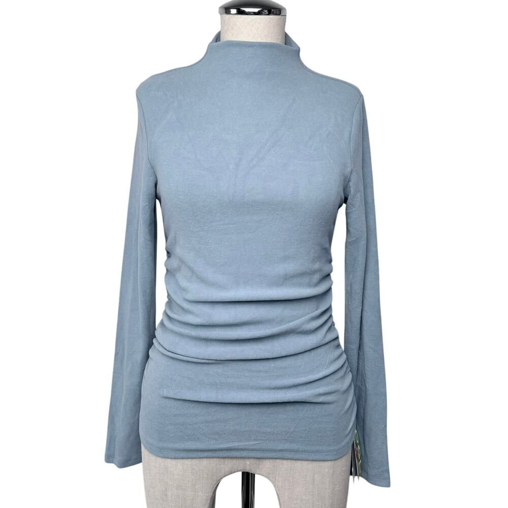 OGL Eco-Mousse Thermal Ruched Side Tuckable Top Mock Neck Blue Medium NWT